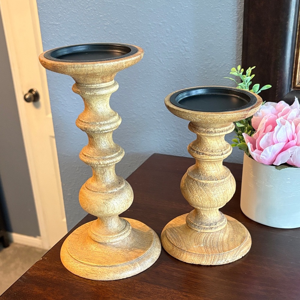 Cost Plus World Market Gold Wood Pedestal Candle Holders - Pair